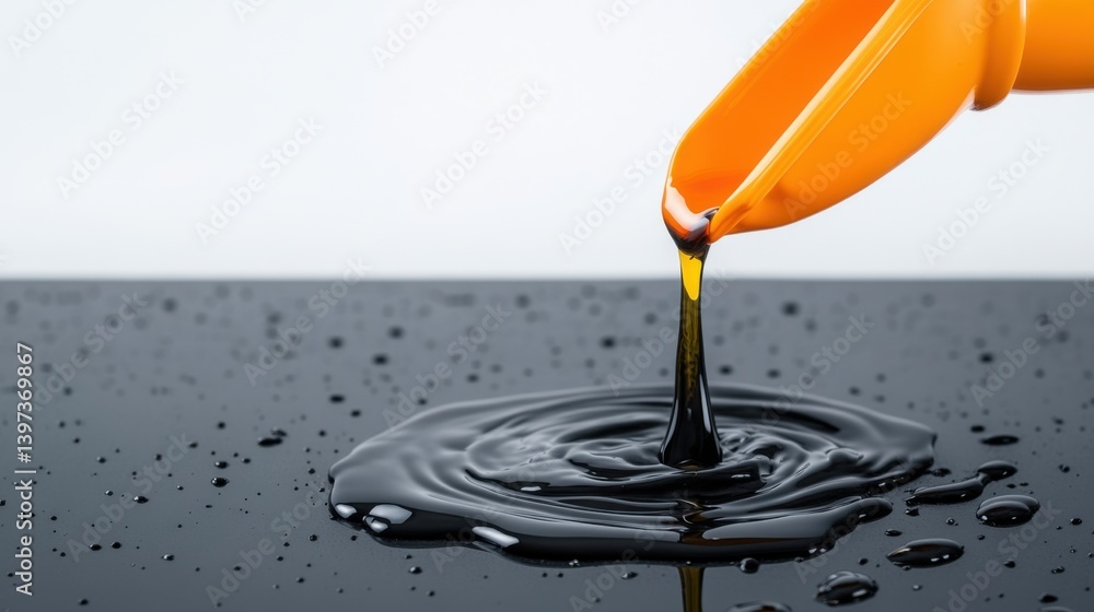 Poster black liquid flowing from orange spoon on dark surface creating ripples in a minimalistic background