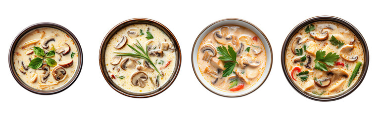 Creamy Thai Tom Kha Mushroom Soup in Rustic Bowl   set isolated on transparent or white background	
