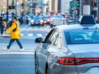 Sleek silver AI-powered vehicle navigating a busy city intersection during daylight hours