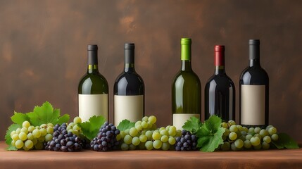 Obraz premium Vintage Still Life with Wine Bottles and Grapes Arrangement for Elegant Home Decor and Culinary Inspiration