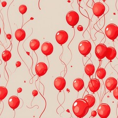 Red Balloons Pattern. Background shows many floating balloons with ribbons. Repeating design creates seamless party celebration style