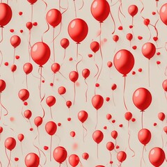Red balloons pattern. Festive seamless backdrop with many balloons and ribbons. Decorative background with repetition.