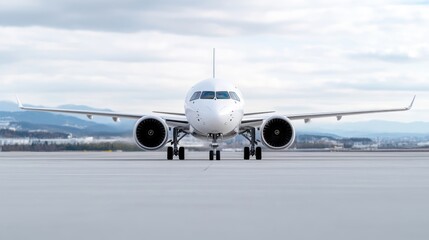 Obraz premium Modern jetliner on tarmac, ready for flight. White aircraft, powerful engines, airport setting