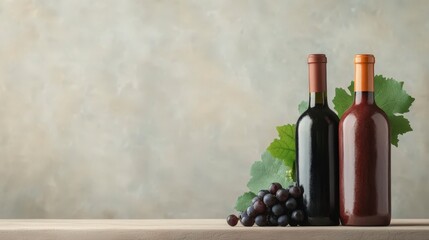 Vintage Still Life of Wine Bottles with Grapes and Green Leaves Against a Soft Neutral Background