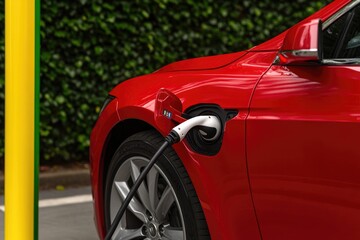 Naklejka premium Red electric vehicle charging at station surrounded by lush gree