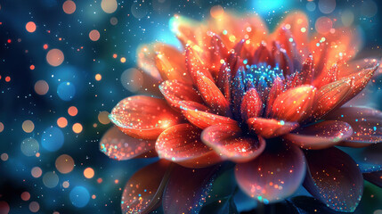 A vibrant orange dahlia flower sparkles with glitte dew drops against a dreamy bokeh background of blue and orange lights creating a magical floral scene perfect for design