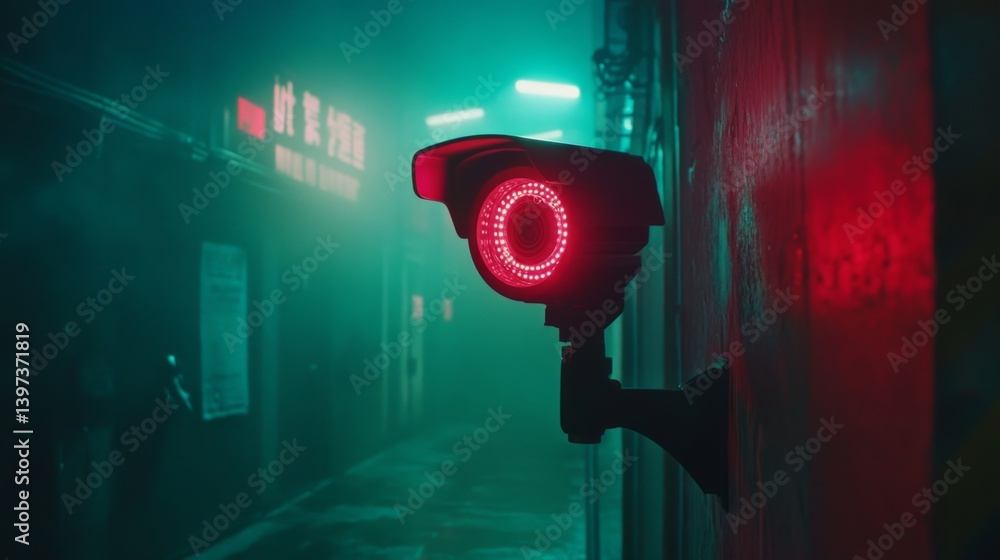 Poster a stunning shot of a high-tech cctv camera with infrared capabilities, set against a backdrop of a d