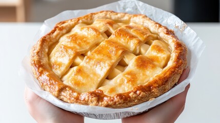 Freshly baked apple pie, golden brown crust, warm, delicious.  Handheld, ready to eat