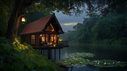 Obraz premium Tranquil wooden cabin nestled by a serene lake at twilight. Lush greenery surrounds the tranquil scene