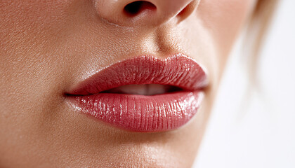 Naklejka premium Close-up of a woman's lips with rosy lip gloss and smooth skin