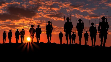 Fototapeta premium Soldiers Marching at Sunset in Remembrance of War II Heroes