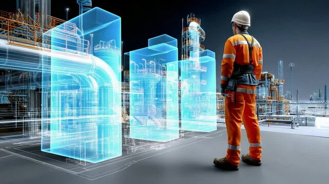Visionary Oversight: A worker in safety gear surveys a virtual rendering of an industrial facility, embodying expertise and the fusion of human insight with technological precision.