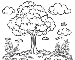Naklejka premium Simple tree drawing, sunny day, nature scene, coloring page