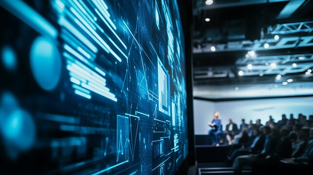 Close-up view of a digital presentation screen with blue and green graphics while an audience engages attentively in the background during a technology seminar