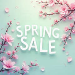 Bright letters display spring sale among blooming cherry blossom branches. The pastel background adds a soft touch, signaling the arrival of springtime discounts and offers
