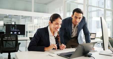 Finance, teamwork or business people on laptop for research, economy news or profit evaluation. Budget, manager or economist with financial advisor for revenue growth, sales and investment report