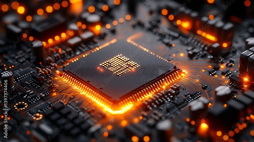 Poster close-up view of a high-tech microprocessor chip illuminated with vibrant orange lights creating an 