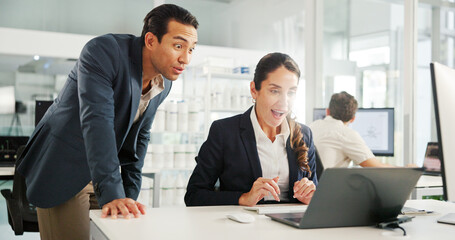 Surprise, teamwork or business people on laptop for research, economy news or profit evaluation. Budget, shocked or economist with finance advisor for revenue growth, sales audit or investment report