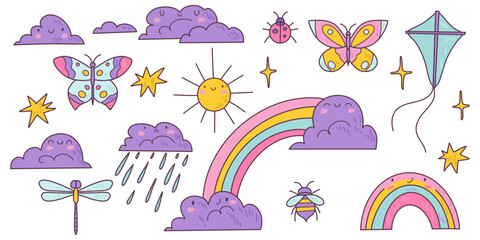 Set of kawaii weather elements. Childish clouds, rainbow, insects and sun with emotions. Good for patterns, posters, paper and scrapbooking