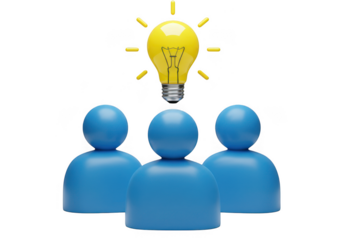 Three blue figures under a yellow lightbulb concept