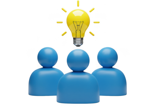 Three blue figures under a yellow lightbulb concept