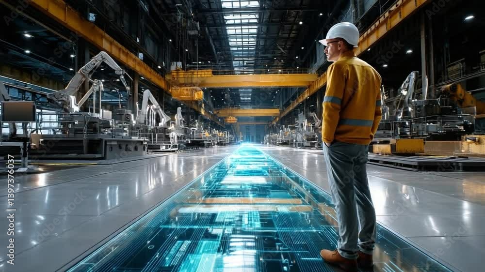 Poster visionary engineer in modern factory: an engineer stands in a cutting-edge factory, contemplating th