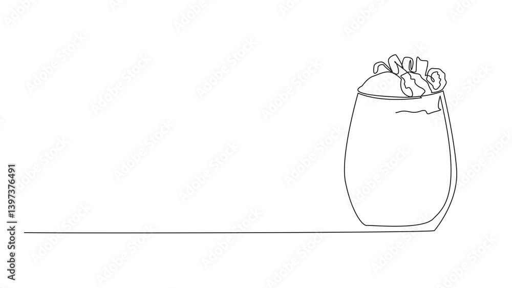 Poster animation of single continuous line drawing chocolate parfait with various layers in glass. sweet ta