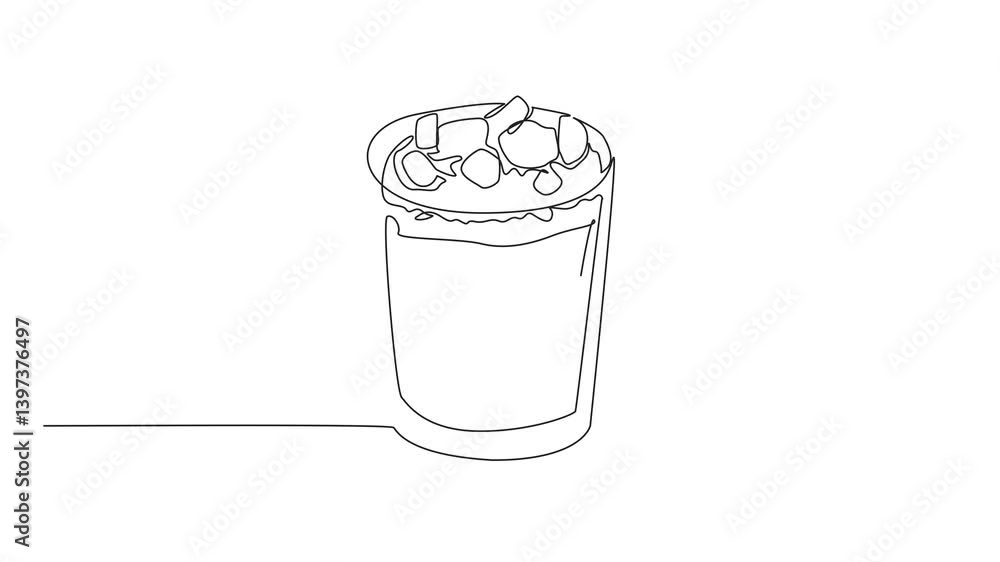 Poster self drawing animation of single one line drawing chocolate parfait with cream and chocolate layer o