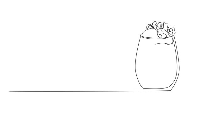 Animation of single continuous line drawing chocolate parfait with various layers in glass. Sweet taste in the mouth. More refreshing in summer. National Chocolate Parfait Day. Full length motion