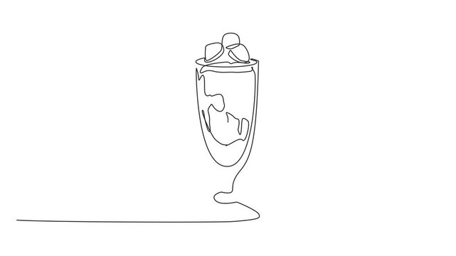 Animated self drawing of continuous one line drawing chocolate parfait in a glass with various layers. Fresh summer drink. Sweet and delicious. National Chocolate Parfait Day. Full length animation