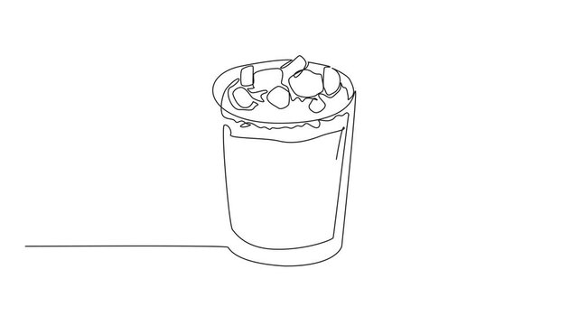 Self drawing animation of single one line drawing chocolate parfait with cream and chocolate layer on top. Drink with full chocolate flavor. Tasty. National Chocolate Parfait Day. Full length animated