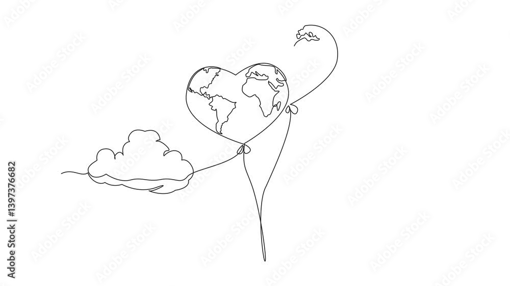 Poster animation of single continuous line drawing 2 heart shaped globes tied like balloons with clouds. ta