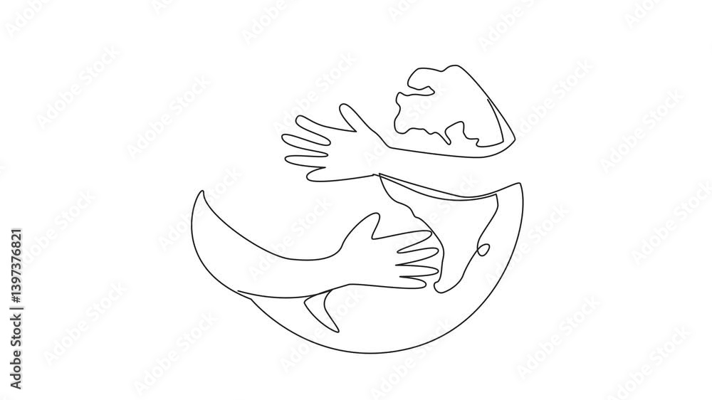 Poster animation of single continuous line drawing 2 hands hugging a heart shaped globe. symbolism of doing