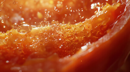 Close-up of a ripe tomato sliced in half, with seeds and juice glistening in the bright natural light