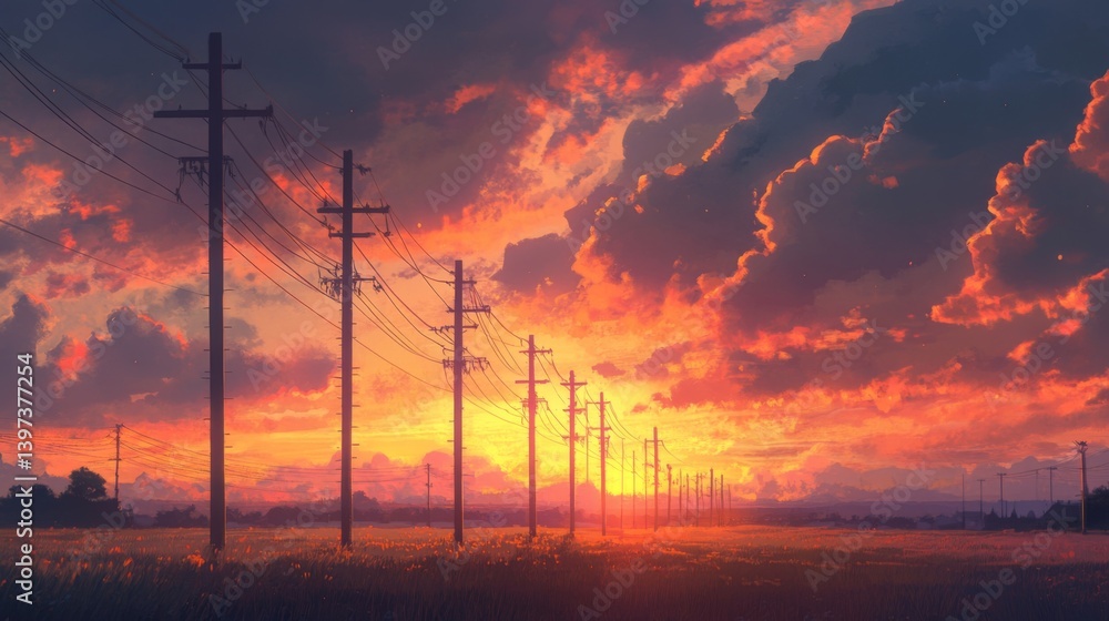 Poster a vibrant sunrise illuminating a row of utility poles, with the light casting long shadows across a 