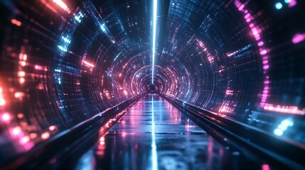 modern digital corridor with glowing lights and mirrored surfaces showcasing futuristic tunnel experience and high tech innovation concept