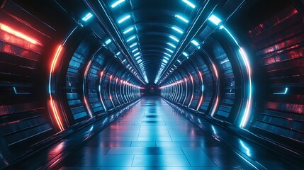 modern digital corridor with glowing lights and mirrored surfaces showcasing futuristic tunnel experience and high tech innovation concept
