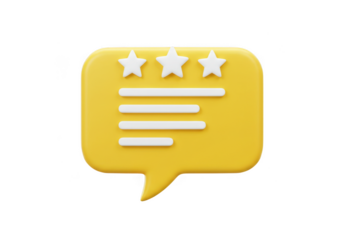 Yellow speech bubble with three stars and four lines of text inside isolated on transparent background