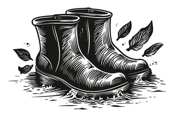 Classic Rubber Boots Splashing in Water with Falling Leaves