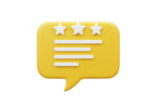 Yellow speech bubble with three stars and four lines of text inside isolated on transparent background