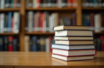 Book stack in the library room and bookshelf for , back to school concept