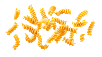 Twisted fusilli noodles in mid-air, golden color,