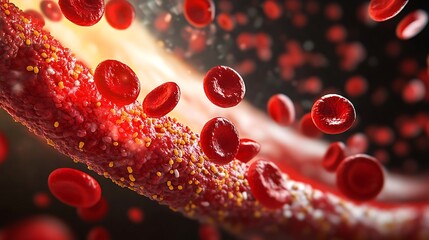 medical science graphic of artery with red blood cells and cholesterol deposits highlighting vascular anatomy and cardiovascular health issues