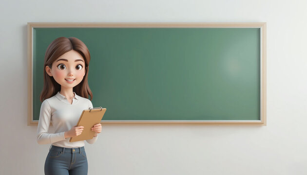 cheerful animated character stands front of blank chalkboard, holding clipboard. character has long brown hair and is dressed white shirt and blue jeans, exuding friendly and approachable vibe