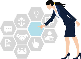 アイコンをタップするビジネスウーマンのイラスト	
