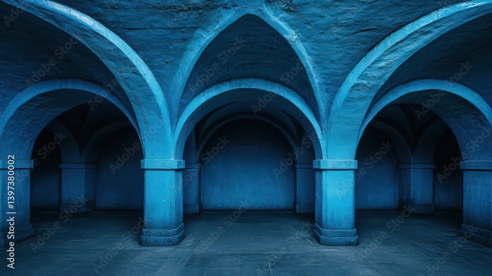Poster symmetrical blue stone arches in underground tunnel featuring rows of vaulted columns old world arch