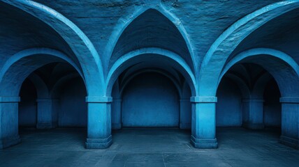 Fototapeta premium Symmetrical Blue Stone Arches in Underground Tunnel Featuring Rows of Vaulted Columns Old World Architecture and Textured Walls