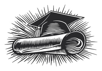Graduation Cap and Diploma Illustration with Radiant Background