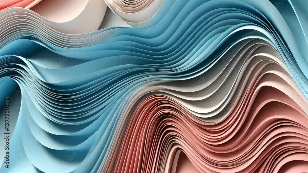 Aufkleber abstract paper art featuring wavy lines in blue, salmon, and cream colors, creating a visually capti
