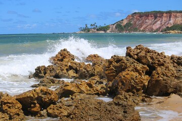 
Sea waters crashing over reef rocks, sunny day, summer vacation at Tabatinga beach, Joao Pessoa, tropical beach in northeastern Brazil. Cliffs at horizon line with vegetation